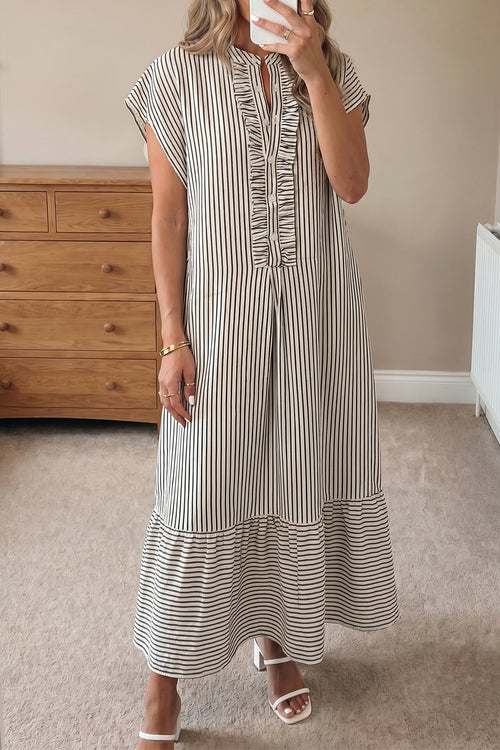 Black Stripe Frilled Detail Half Buttons Short Sleeve Long Dress