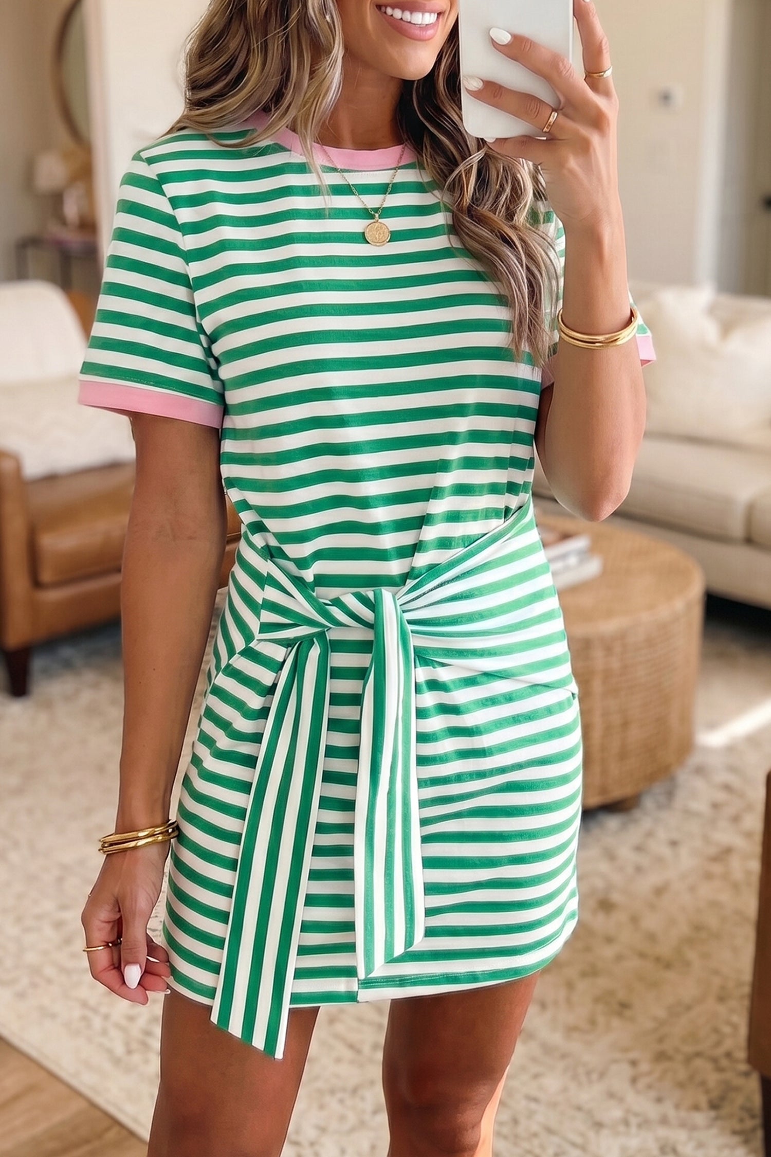 Red Nautical Tie Contrast Trim Round Neck T Shirt Mini Dress